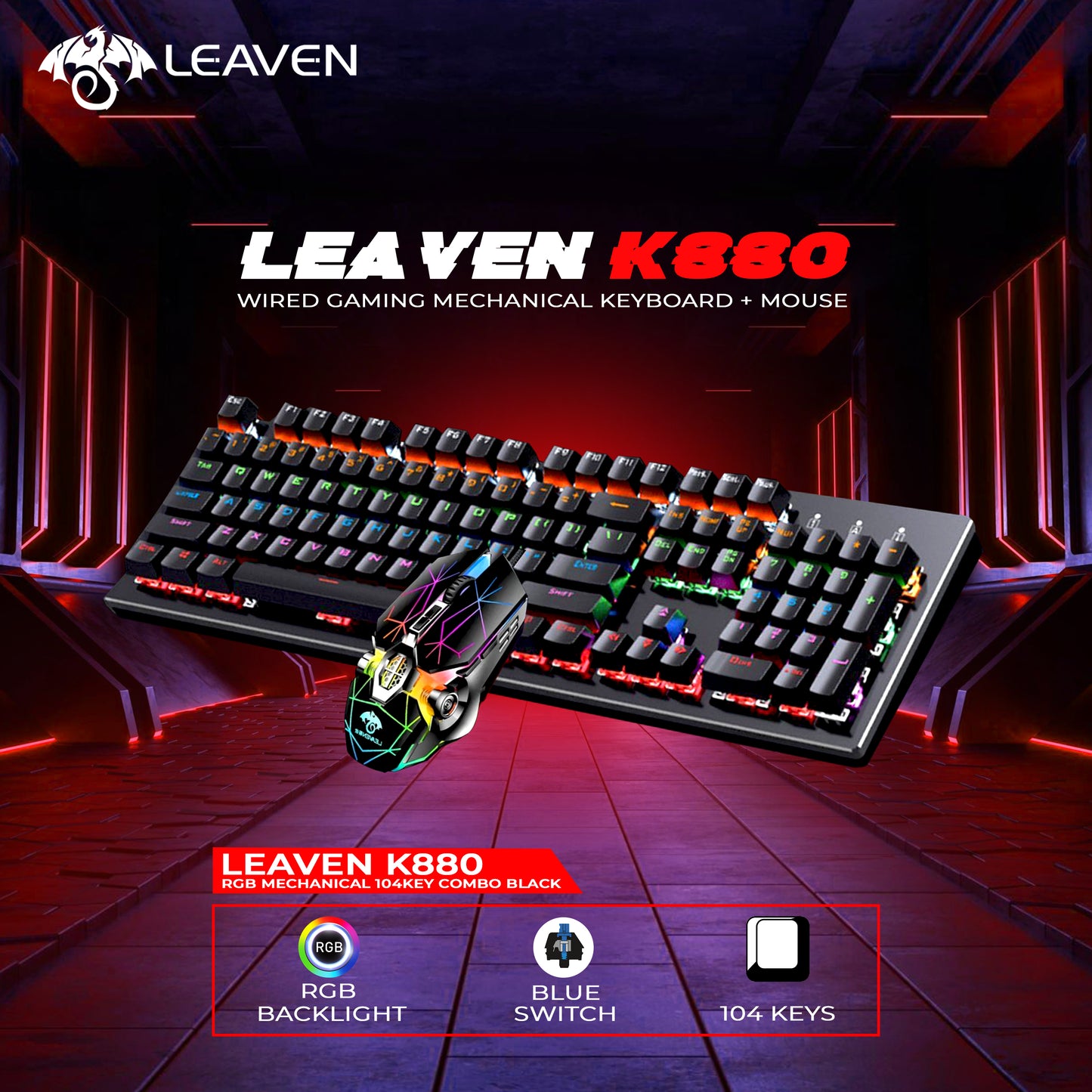 LEAVEN K880 WIRED GAMING MECHANICAL KEYBOARD + MOUSE